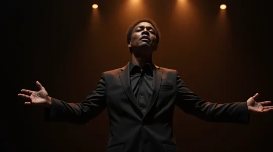 Acteur sur scène incarnant la vulnérabilité transformée en confiance, éclairage dramatique