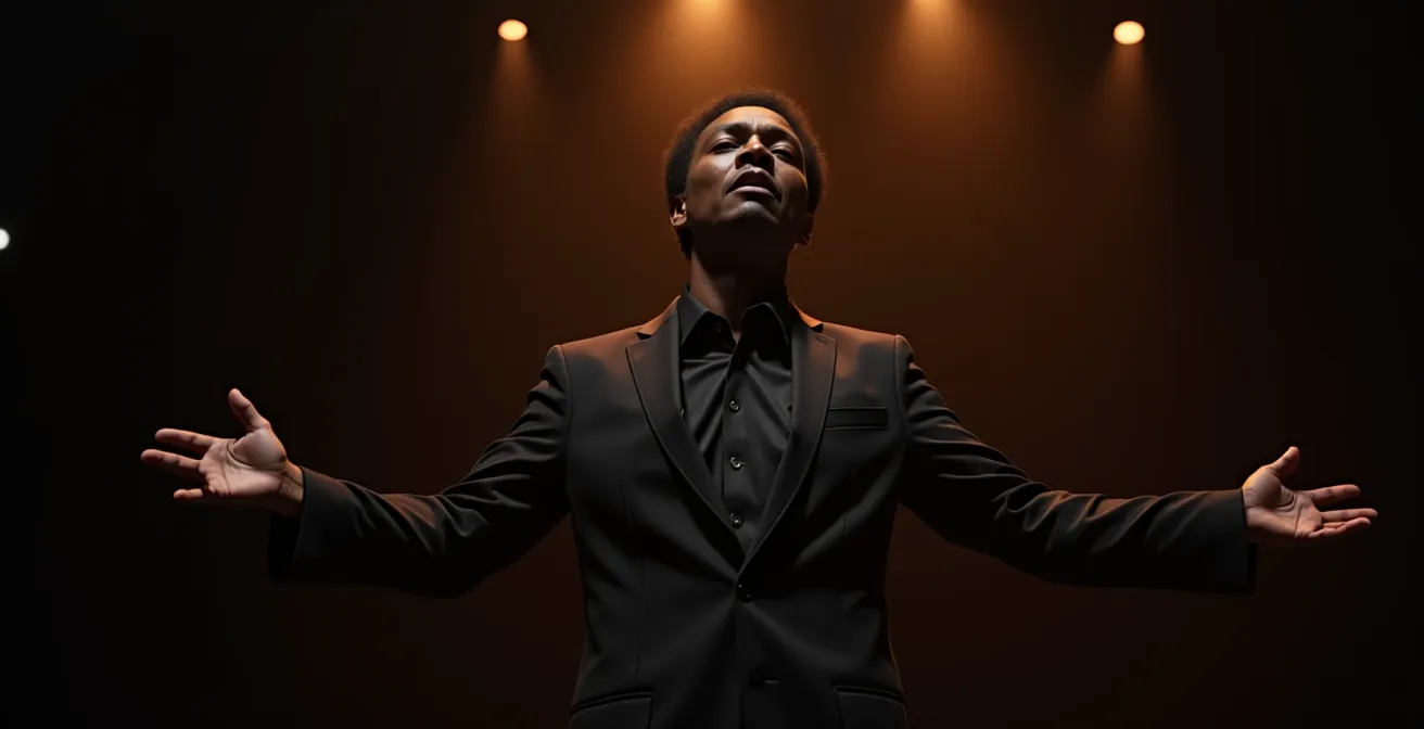 Acteur sur scène incarnant la vulnérabilité transformée en confiance, éclairage dramatique