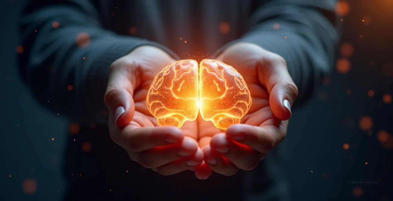 Représentation artistique du cerveau montrant l'amygdale et le cortex préfrontal en harmonie et connexion