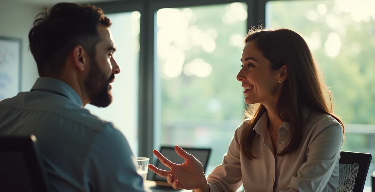 Deux professionnels en conversation profonde, focus sur l'écoute authentique et la connexion humaine
