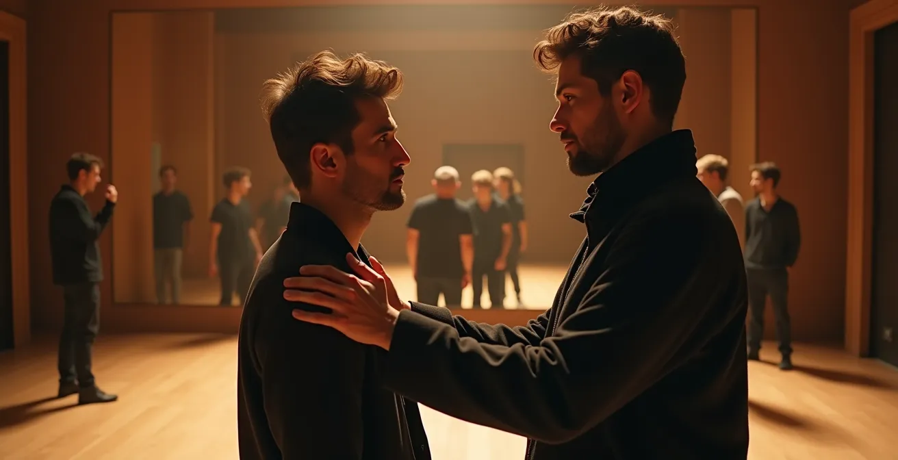 Salle de répétition théâtrale avec acteurs collaborant, atmosphère accueillante et bienveillante