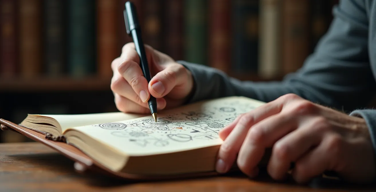 Carnet d'écrivain ouvert avec annotations dans les marges