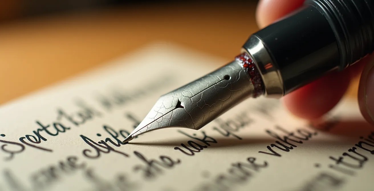 Main d'écrivain tenant une plume sur papier ancien avec texture visible