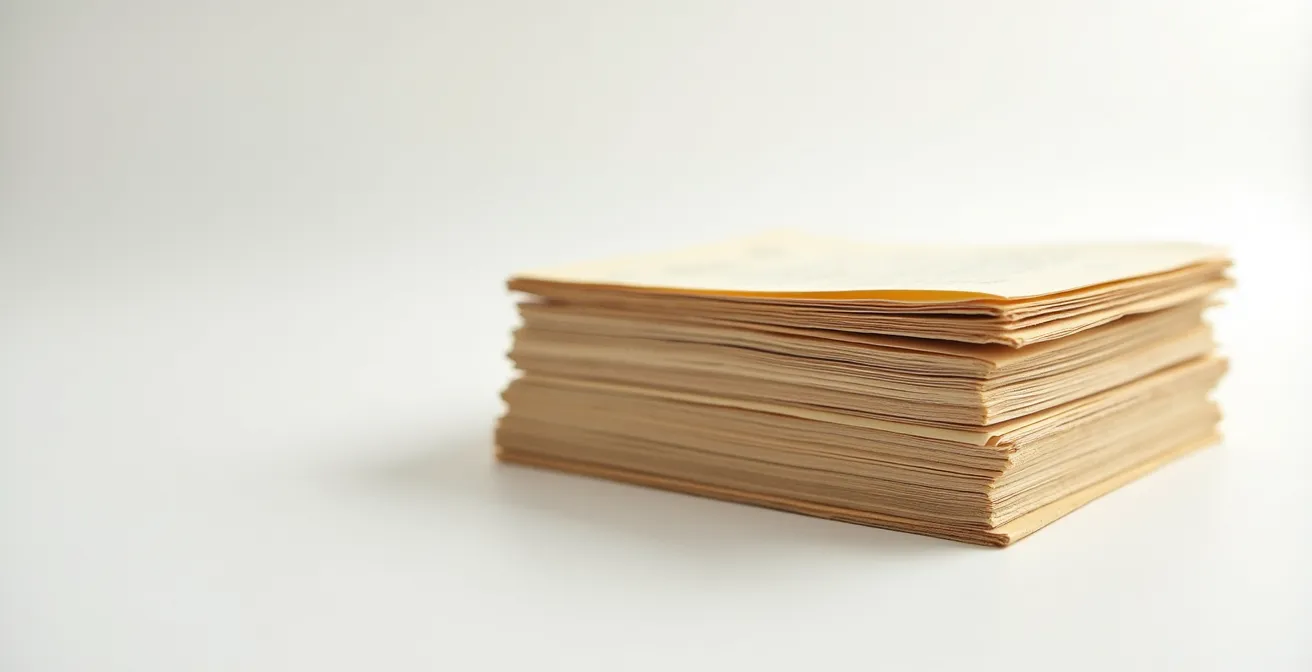 Pile de feuillets manuscrits montrant différentes strates d'écriture