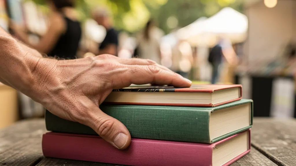 Pile de livres sur une table rustique lors d'un salon littéraire local